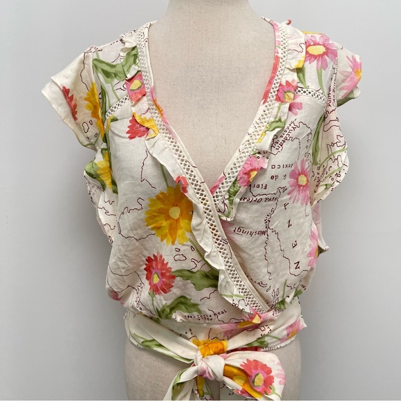 Calypso St. Barth Floral Wrap Ruffle Linen Blend Natural Shirt Size Large - Picture 3 of 11